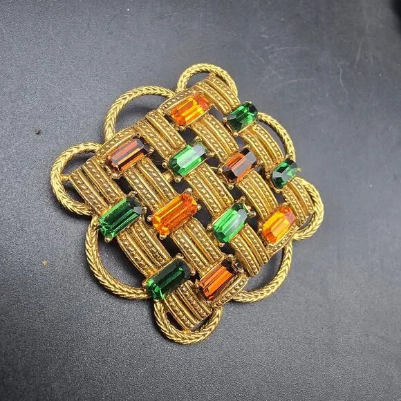 Florenza Fall Color Rhinestone Brooch Basket Weave Gold Tone Vintage Jewelry - Picture 6 of 10